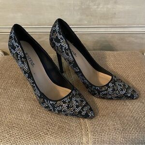 Ladies JUSTFAB Stiletto Heels Black Silver Gold Rhinestones Size 11